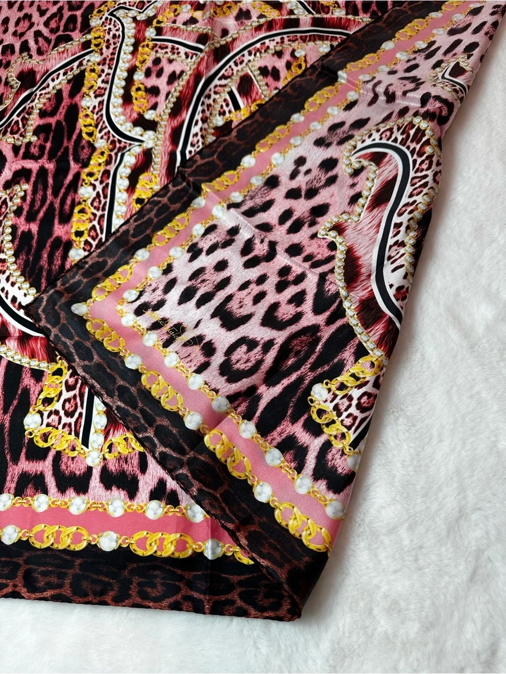 Roberto Cavalli Pink Leopard Print Silk Scarf with Gold Chain Motif